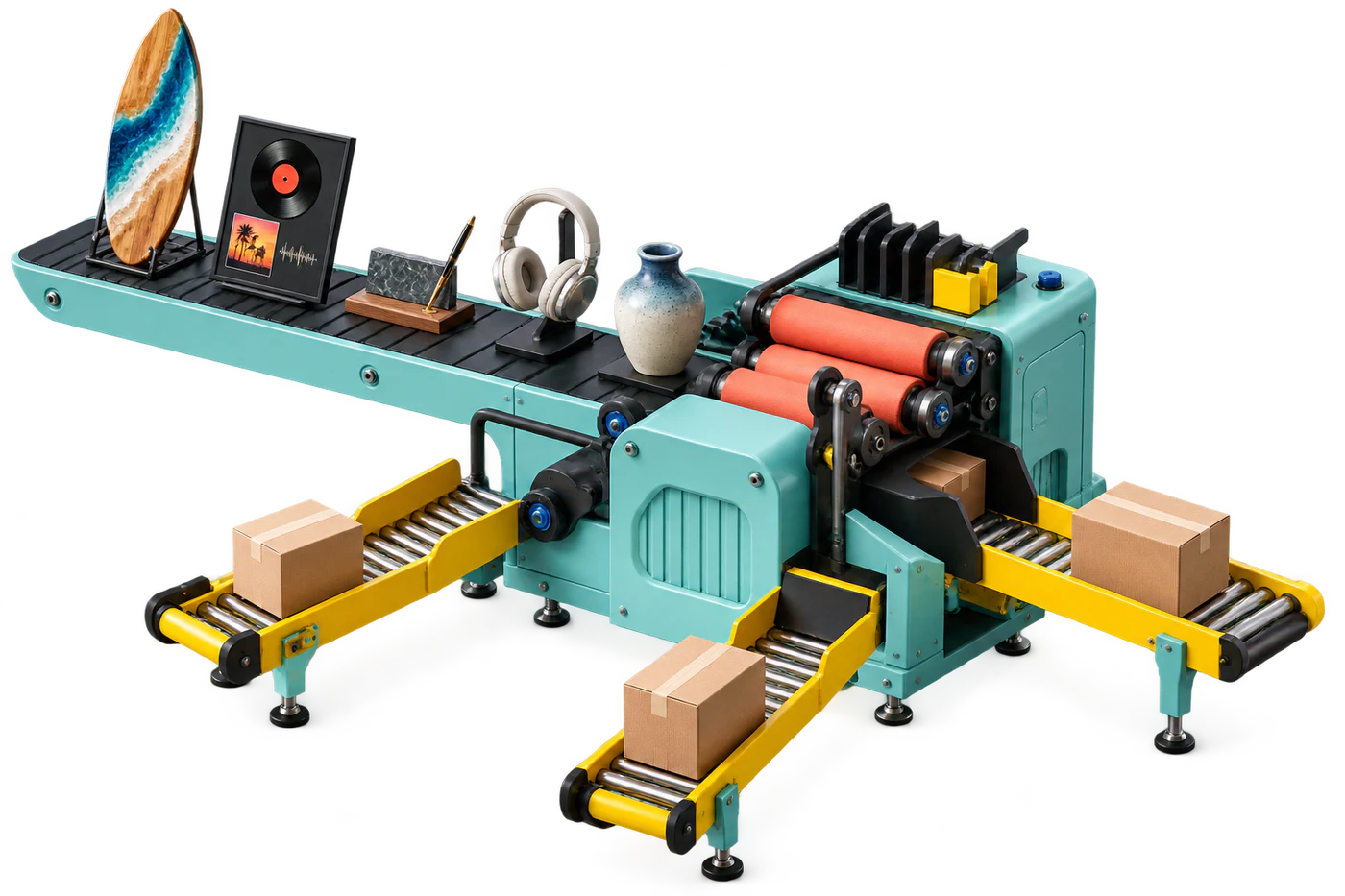 An aqua 3D distribution press sending varied products into multiple order boxes