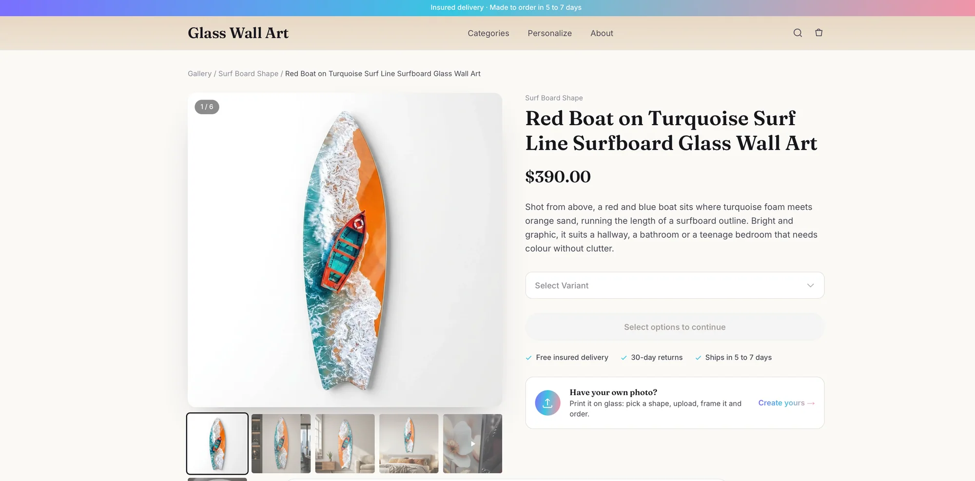 The Red Boat glass wall art on its live MAJORISO product page