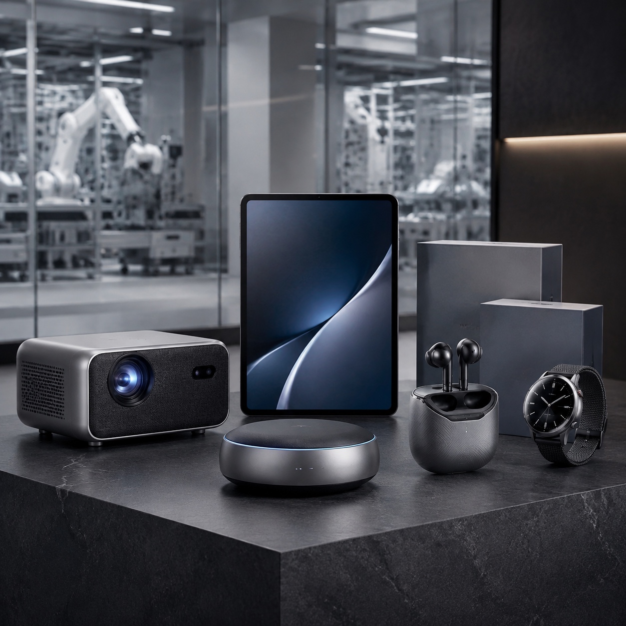 Muestras premium de tecnología de consumo en un showroom de fabricación moderno